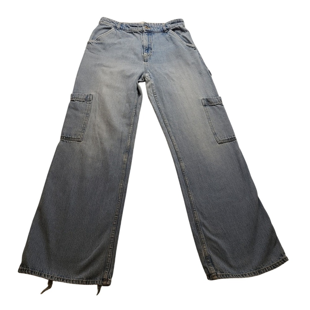 HM Women's Light Wash High Waisted Wide Leg Cargo Jeans Light Blue Size 10